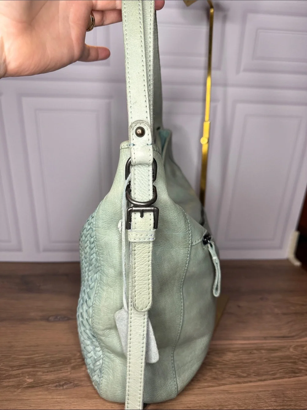 Genuine Leather Woven Hobo Shoulder Bag Seafoam Sage Green Boho L Soft Leather